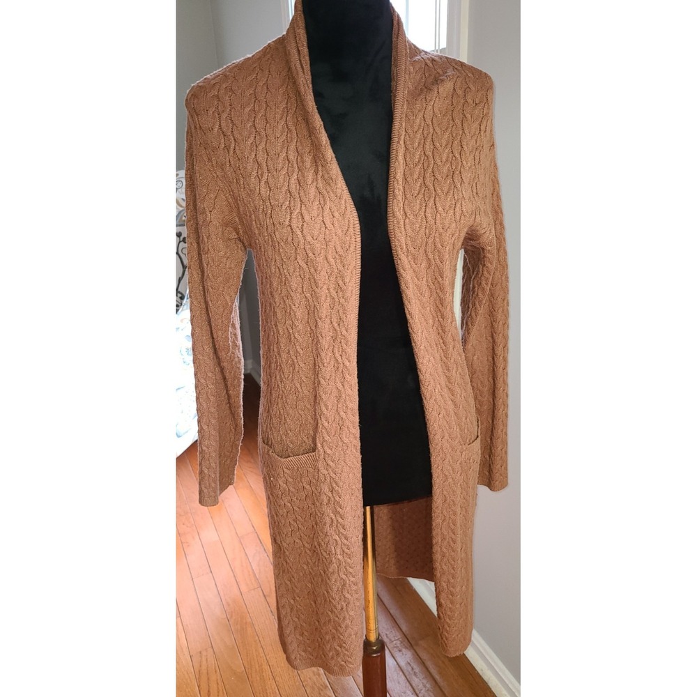 Tahari Luxe‎ Open Front Long Cardigan Duster NWOT Soft Brown Academic Preppy